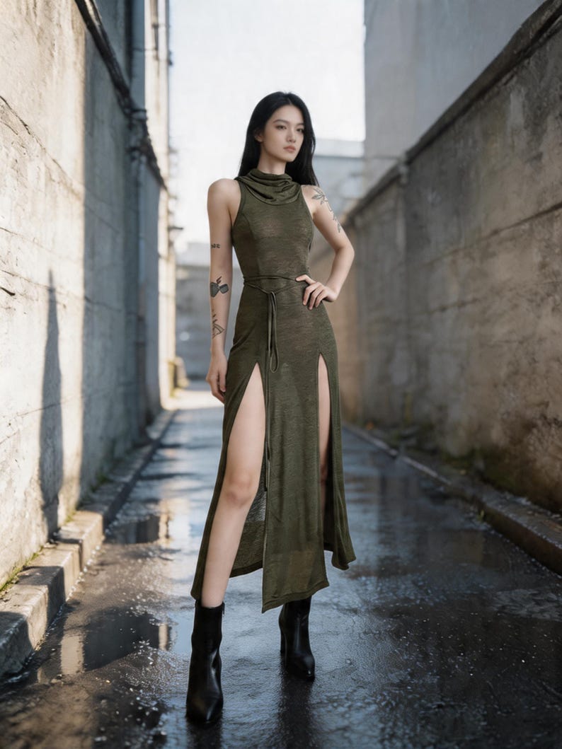 Pode incluir: Um vestido maxi sem mangas verde-oliva com gola alta e fendas laterais altas. O vestido &eacute; acinturado com um la&ccedil;o a condizer. A modelo usa botins pretos. O vestido &eacute; feito de um tecido leve.