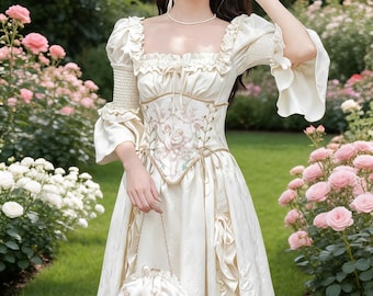 Suknia damska inspirowana średniowieczem, suknia w stylu cottagecore w stylu francuskiego renesansu, suknia księżniczki w stylu vintage, romantyczna sukienka maxi w stylu fantasy, sukienka z bajki