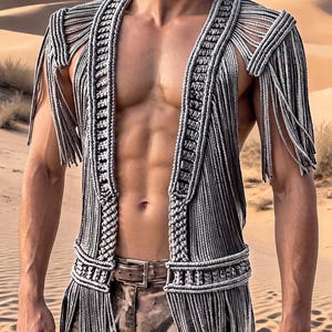 May include: A sleeveless grey macramé waistcoat featuring intricate knotted cord patterns, a structured open front, and long fringe detailing along the shoulders and hemline. The garment is constructed from thick, textured grey rope in a repeating design.
