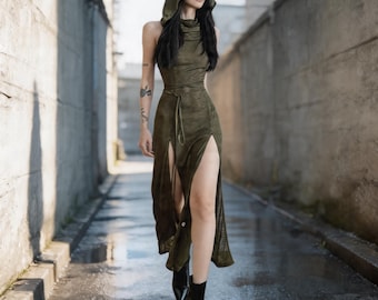 Hooded Maxi Dress, High Slit, Gothic Festival Outfit, Dark Clothing