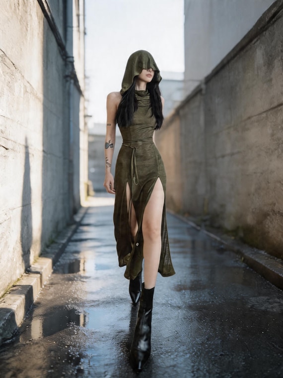 Hooded Maxi Dress Women, Festival Outfit, Gothic Dress, High Slit Dress, Dark Aesthetic Clothing, Witchy Dress, Statement Look