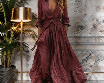 Boho Maxi Dress Women, Long Sleeve Flowing Dress, Casual Chic Outfit, Button Front Dress, Everyday Elegant Style, 2026 New Season
