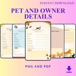 Op de afbeelding: Digitale download van formulieren met details over huisdieren en hun eigenaren. De formulieren hebben een neutraal kleurenpalet met pootafdrukken en illustraties van huisdieren. De tekst bevat velden voor de naam, leeftijd, het geslacht en de contactgegevens van het huisdier. Beschikbaar in PNG- en PDF-formaten.