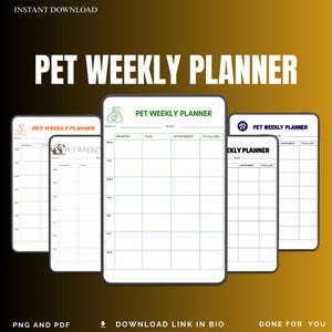 Könnte beinhalten: Digitaler Download eines Wochenplaners für Haustiere. Der Planer hat einen weißen Hintergrund mit grünen und orangefarbenen Akzenten. Der Text "PET WEEKLY PLANNER" ist prominent dargestellt. Der Planer enthält Abschnitte für Prioritäten, Termine und To-Do-Listen.