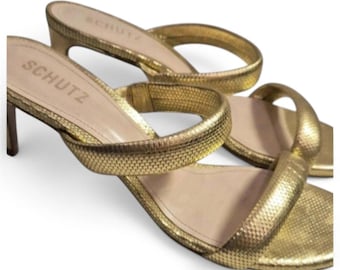 Schutz Gold Metallic Leather Mule Heels 3" Stiletto sz 9