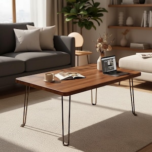 Hairpin Leg Coffee Table Walnut Wood Top Mid Century Modern Living Room Rectangular Foldable Portable Low Table