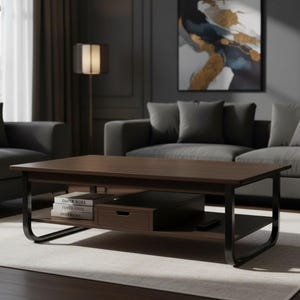 Salontafel met opbergplank en lade donker notenhout moderne woonkamer rechthoekige salontafel klein appartement