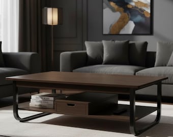 Soffbord med förvaringshylla och låda Mörk valnöt Modernt vardagsrum Rektangulärt soffbord Liten lägenhet