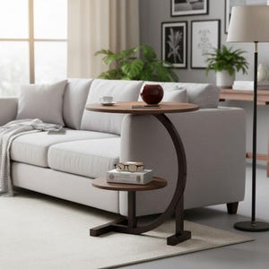 C Shaped Sofa Side Table Double Shelf Wood Top Modern Living Room End Table Space Saving Snack Laptop Bedside Table