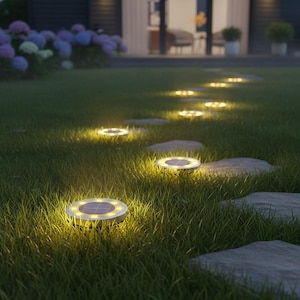 Puede incluir: Un camino de jardín iluminado por luces solares. Las luces son redondas, con un borde plateado y un panel solar central. Están empotradas en la hierba, creando un sendero brillante. La escena está ambientada en un jardín con una casa al fondo.