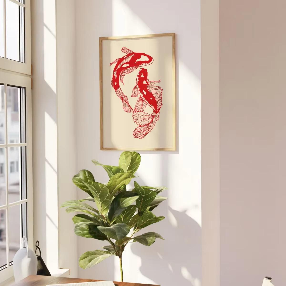 Koi Fish Art Print Japanese Minimalist Red Wall Decor Aesthetic Poster ...