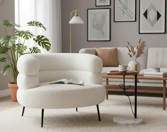 Boucle Akzent Stuhl Weiß Teddy Stoff Runde Wohnzimmer Schlafzimmer Lesestuhl Mitte des Jahrhunderts moderne gemütliche Wohnkultur