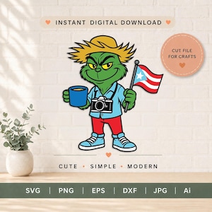 May include: A digital graphic illustration of a green character wearing a yellow hat, light blue shirt, and red pants. The character holds a blue mug and a camera, while waving a flag of Puerto Rico. The design includes text reading INSTANT DIGITAL DOWNLOAD.