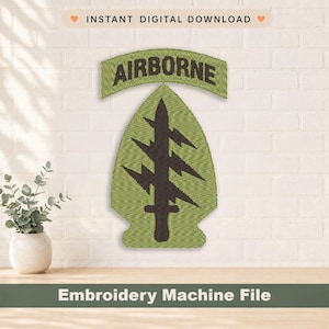 May include: An embroidered patch featuring the word "AIRBORNE" above a green arrowhead design with a black tree-like emblem. The text "Embroidery Machine File" is at the bottom. The words "Instant Digital Download" are at the top.