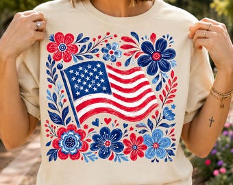 Floral American Flag PNG, Boho Red White Blue Flowers (Digital Download)