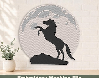Horse and Moon Silhouette Embroidery Design PES & DST Digital Files, Hoop Size: 4”x4”