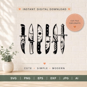 May include: Black and white cut file designs of six different knives, each with a unique handle and blade shape. The designs include iconic horror movie characters. Text on the image reads "INSTANT DIGITAL DOWNLOAD" and "CUT FILE FOR CRAFTS".