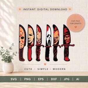 Könnte beinhalten: Ein digitales Grafikdesign mit sechs stilisierten Messern, die jeweils mit Horrorfilm-Charakteren wie Masken und Gesichtern in Rot, Schwarz und Weiß verziert sind. Der Text lautet INSTANT DIGITAL DOWNLOAD, CUT FILE FOR CRAFTS, CUTE, SIMPLE, MODERN, SVG, PNG, EPS, DXF, JPG, Ai.