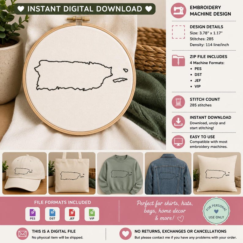 Puerto Rico Outline Embroidery Design PES & DST Digital Files, Hoop ...