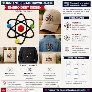 May include: Digital embroidery design featuring an atom symbol with colorful accents. The design is shown on a hat, denim jacket, sweatshirt, tote bag, and pillow. The listing includes three sizes and zipped files for embroidery machines. The text reads "INSTANT DIGITAL DOWNLOAD EMBROIDERY DESIGN".