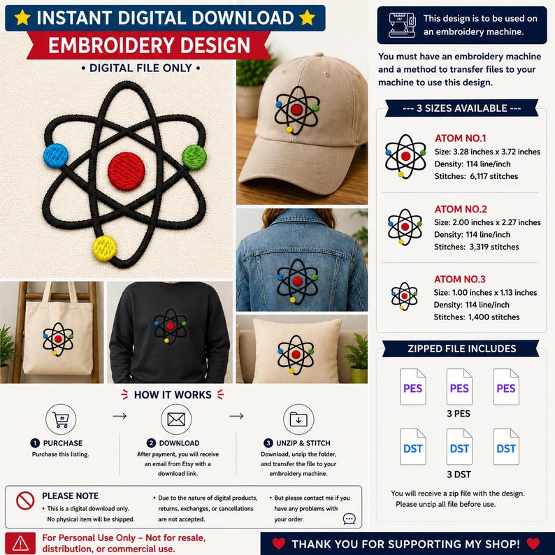 May include: Digital embroidery design featuring an atom symbol with colorful accents. The design is shown on a hat, denim jacket, sweatshirt, tote bag, and pillow. The listing includes three sizes and zipped files for embroidery machines. The text reads "INSTANT DIGITAL DOWNLOAD EMBROIDERY DESIGN".