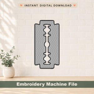 May include: A gray embroidery machine file of a razor blade design. The image has the text "INSTANT DIGITAL DOWNLOAD" at the top and "Embroidery Machine File" at the bottom. The design is centered on a white brick wall.