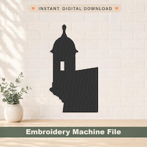 Puede incluir: Un diseño de archivo de bordado en silueta negra que representa la estructura arquitectónica de una garita. El texto INSTANT DIGITAL DOWNLOAD aparece en la parte superior y el texto Embroidery Machine File se encuentra en la parte inferior.