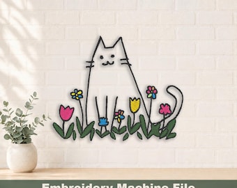 Cat in Spring-borduurontwerp, digitale PES- en DST-bestanden, borduurringgrootte: 4 x 4 inch