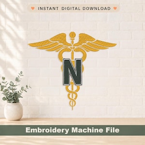 May include: Gold-colored embroidery machine file featuring a Caduceus symbol with the letter "N" in the center. The design includes wings and a staff with intertwined snakes. The text "Instant Digital Download" and "Embroidery Machine File" are also present.