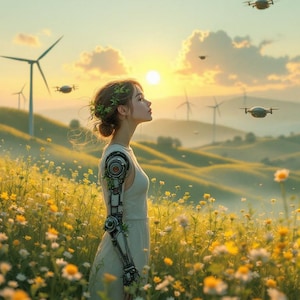 May include: A person in a white dress stands in a field of yellow and white flowers, with a mechanical arm. Wind turbines and drones are in the background under a sunset sky. The person has a floral hairpiece.