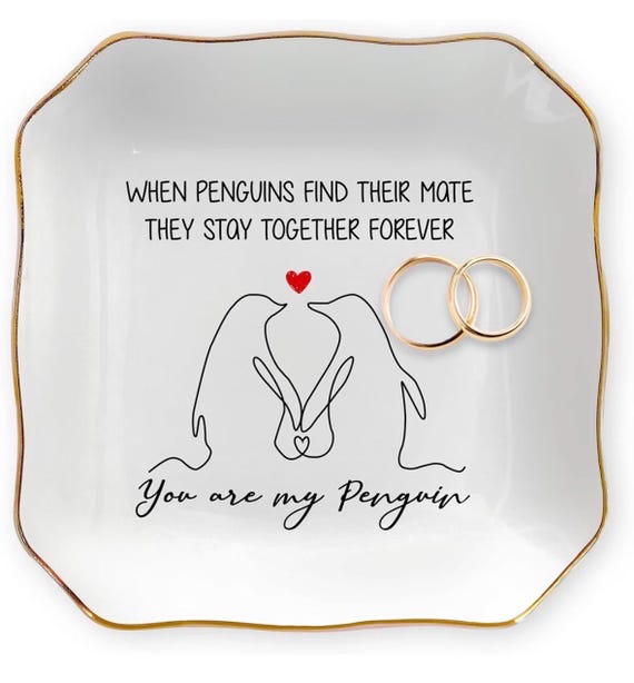 You Are My Penguin, 4x4 Ceramic Jewelry Dish Tray - Romantic Anniversary Wedding Engagement Birthday Gift- Anniversary Couple Gifts for Her by FunkyMeadow