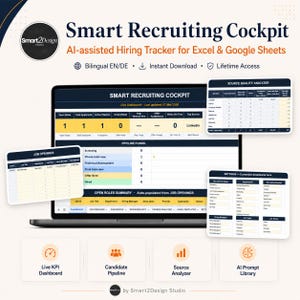 May include: A laptop screen displays the "Smart Recruiting Cockpit" dashboard, an AI-assisted hiring tracker for Excel and Google Sheets. The interface shows data visualizations, including a pipeline funnel and job openings. Additional windows display settings and source analysis.