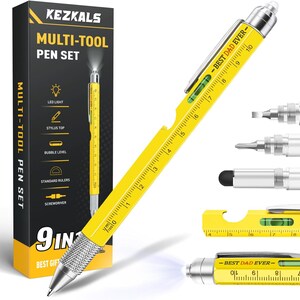 May include: A yellow multi-tool pen featuring a ruler with markings up to 4 inches, a bubble level, a pocket clip, and the text BEST DAD EVER. The set includes a black box labeled KEZKALS MULTI-TOOL PEN SET and various interchangeable tips including a stylus, screwdriver, and flathead attachment.