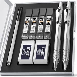 May include: A writing set in a clear case, featuring two silver mechanical pencils, a white pen, five packs of lead refills, and two white erasers. The lead refills are labeled "NicPro" and come in 0.5mm and 0.7mm sizes. The erasers are labeled "ERASER 4B-SOFT".
