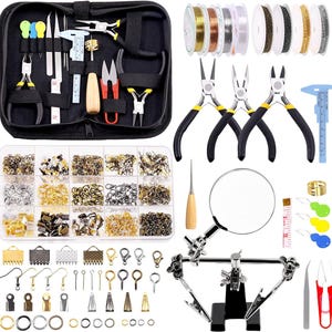 May include: A comprehensive jewelry-making kit featuring a black zippered case with tools, pliers, and a variety of beads and findings in a clear organizer. Includes spools of wire, a magnifying glass, and a measuring tape.