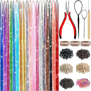 May include: A collection of colorful hair extensions in various shades, including purple, blue, gold, and pink, with tools like pliers, loop tools, and clips. Also included are micro rings and hair bands.