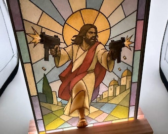 Uzi Jesus Acrylic Art Print, Simulated Stained Glass, Backlit LED Stand Option, Irreverent Wall Art, Dungeon Crawler Carl Fan Gift 5x7