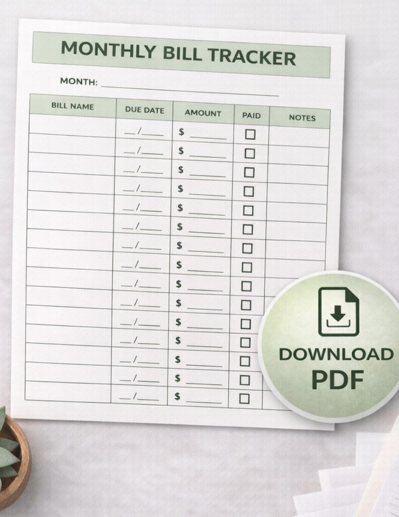 Monthly Bill Tracker Printable PDF | Bill Organizer | Monthly Bills ...