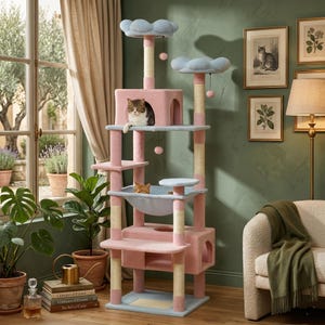 May include: A multi-level cat tree in pastel pink and blue, featuring multiple platforms, a hammock, and cloud-shaped perches. Two cats are resting on the structure. The cat tree has scratching posts and dangling toy balls.