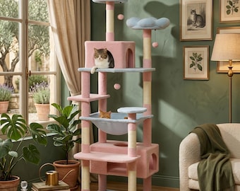 Tour d'arbre à chat pastel de 72 po. avec hamac et perchoirs pour chats – Appartement pour chats à plusieurs niveaux pour 3 à 5 chats, meubles modernes et doux pour chats