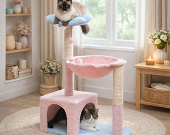 Árbol para gatos con forma de flor: acogedor condominio de varios niveles con hamaca de felpa.