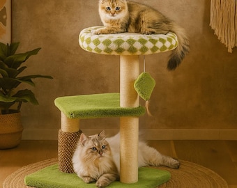 Árbol rascador verde para gatos con poste rascador, cama tipo hamaca y juguetes colgantes: un árbol para trepar que ahorra espacio para gatitos.