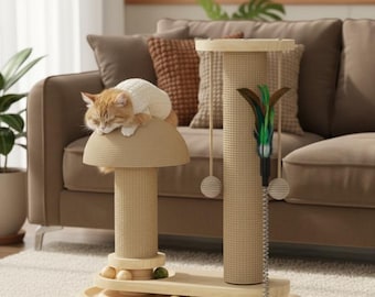 Elegante rascador para gatos con acabado de madera natural y juguetes integrados para trepar y arañar.