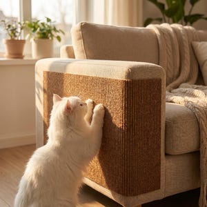 Op de afbeelding: Een witte kat krabt aan een bruine sisal krabpaal die aan de armleuning van een beige bank is bevestigd. De kat staat op de voorgrond, met de bank en een raam op de achtergrond. De krabpaal beschermt de bank tegen kattenklauwen.