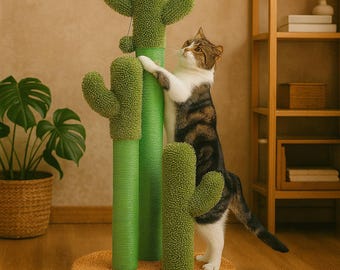 Cactus Cat Scratching Post – 3-Post Sisal Cat Tree with Hanging Toy – Modern Cat Furniture for Indoor Cats & Kittens