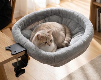 Desk Mounted Cat Hammock: Cozy Faux Fur Perch, Space-Saving Folding Cat Bed