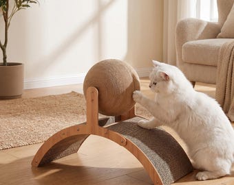 Modern Wooden Cat Scratcher Lounge Ramp with Ball | Interactive Indoor Furniture 35cm
