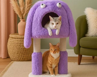 Paarse krabpaal monster: 2-in-1 pluche kattengrot en sisalkrabpaal
