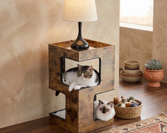 Mesita de noche moderna de madera para gatos, rascador tipo torre, cama tipo percha, cojines elegantes para la casa.