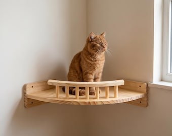 Estante esquinero de madera para gatos, montado en la pared, con plataforma de observación y muebles modernos.